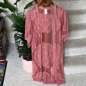 Rose Gold Pink Bohemian Lace Kimono Cardigan